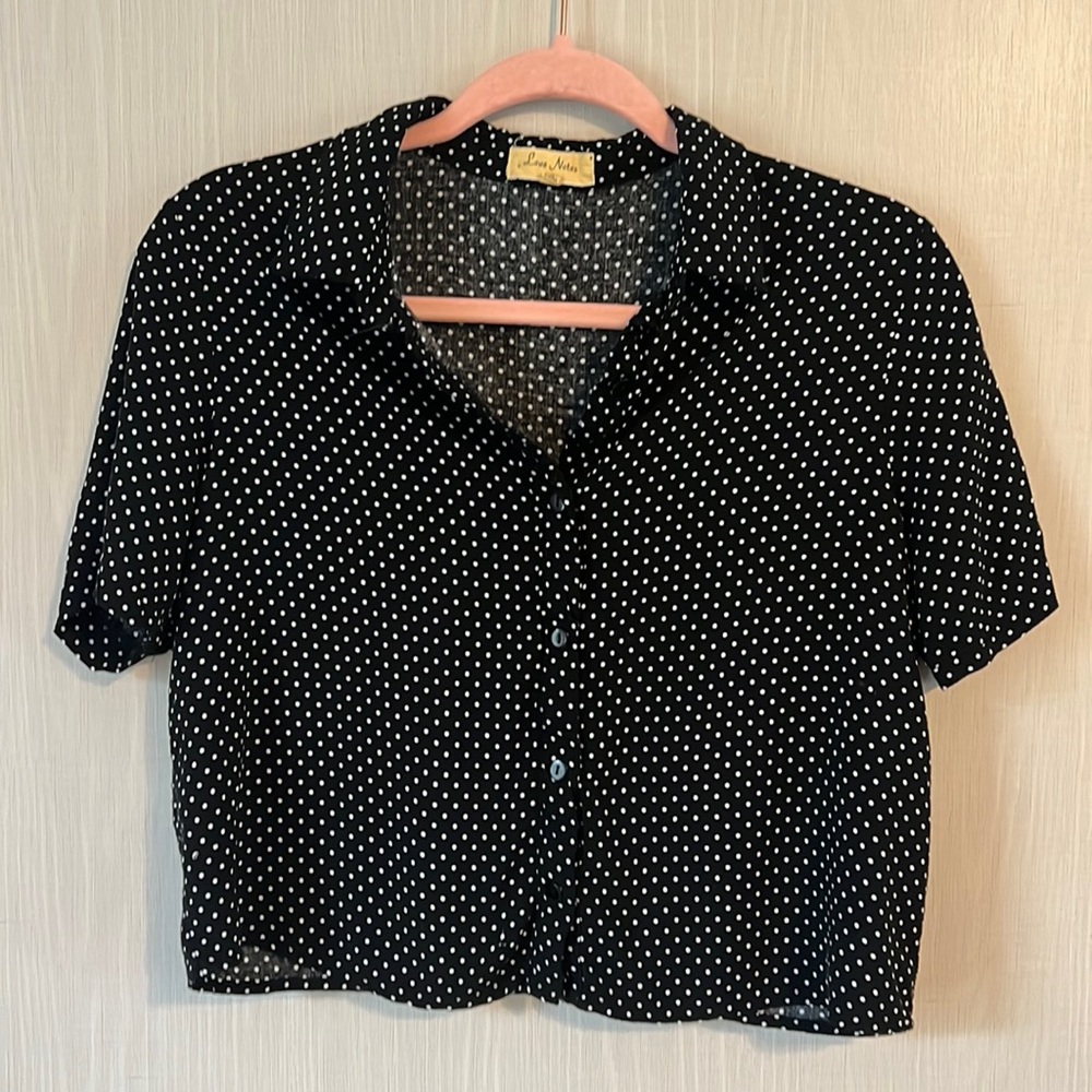 Love Notes Womens Polka Dot Print Black Button Down Crop Cropped Shirt